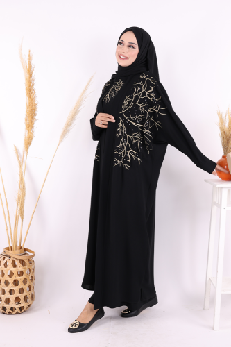 İşleme Detaylı Abaya ve Elbise Takım 8486 Siyah - bym fashion