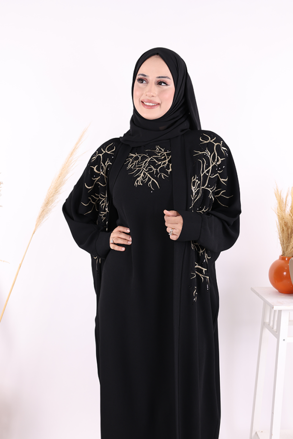 İşleme Detaylı Abaya ve Elbise Takım 8486 Siyah - 3