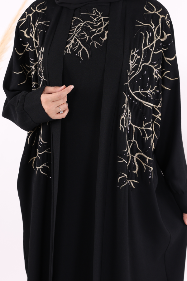 İşleme Detaylı Abaya ve Elbise Takım 8486 Siyah - 4