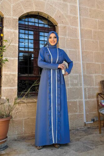 Boydan Fırfırlı Yelekli Elbise Takım 8489 İndigo - 3