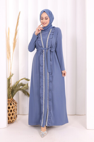 Boydan Fırfırlı Yelekli Elbise Takım 8489 İndigo 