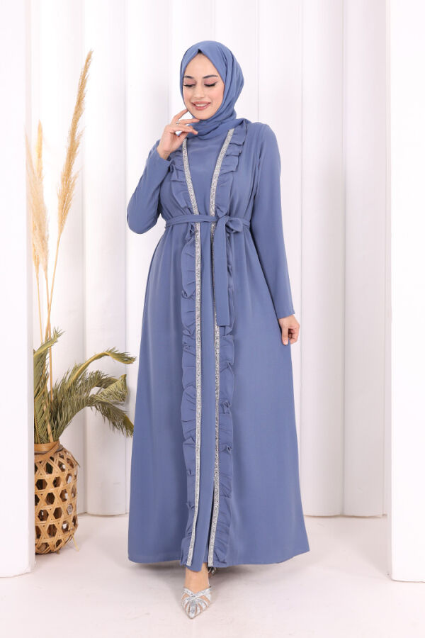 Boydan Fırfırlı Yelekli Elbise Takım 8489 İndigo - 1