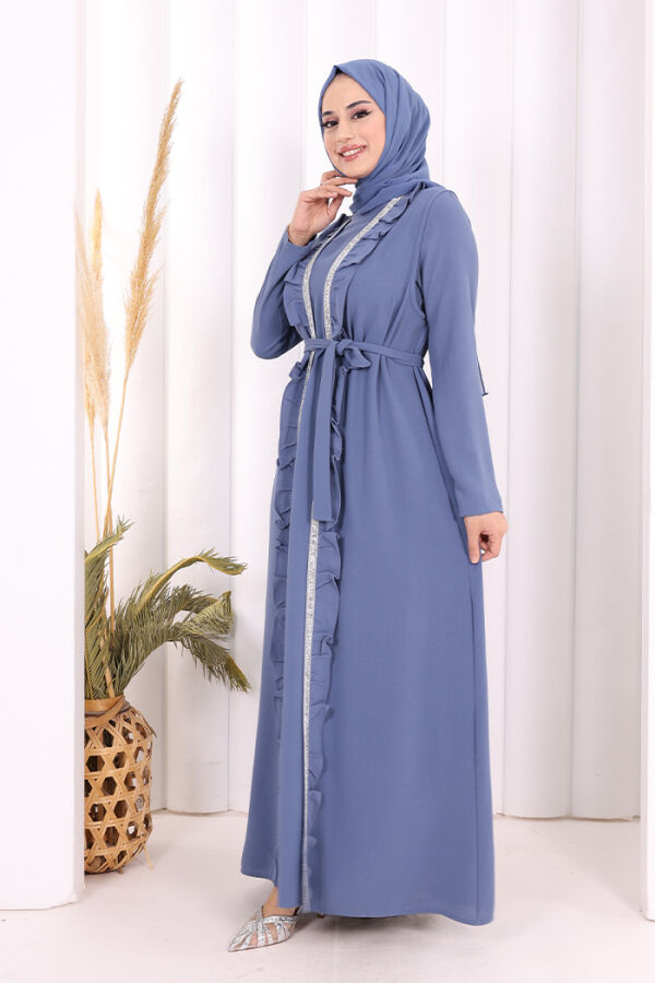 Boydan Fırfırlı Yelekli Elbise Takım 8489 İndigo - 2