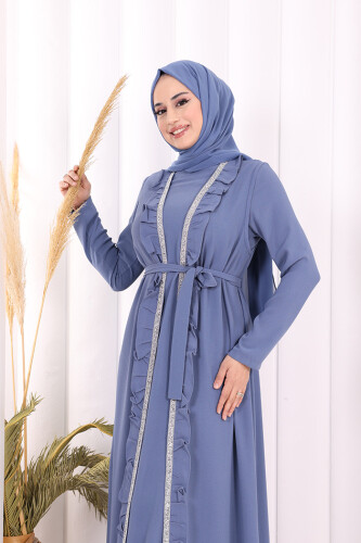 Boydan Fırfırlı Yelekli Elbise Takım 8489 İndigo - 4