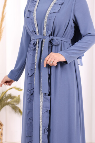 Boydan Fırfırlı Yelekli Elbise Takım 8489 İndigo - 5