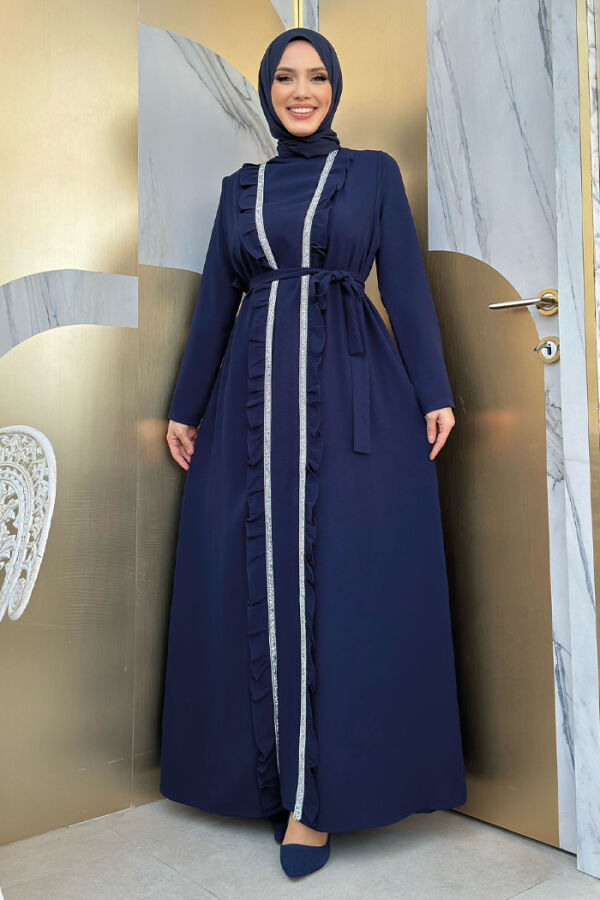 Boydan Fırfırlı Yelekli Elbise Takım 8489 Lacivert - 5