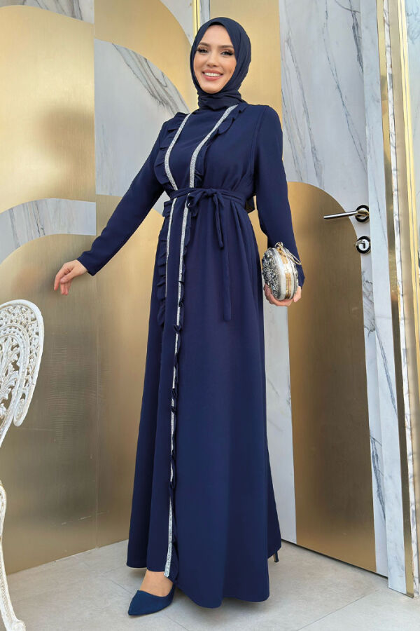 Boydan Fırfırlı Yelekli Elbise Takım 8489 Lacivert - 7