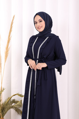 Boydan Fırfırlı Yelekli Elbise Takım 8489 Lacivert - 5