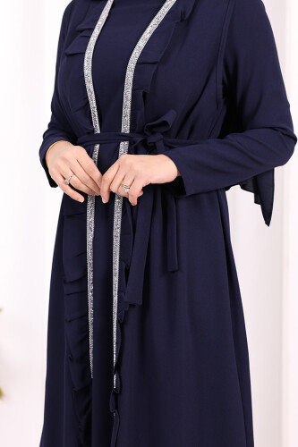Boydan Fırfırlı Yelekli Elbise Takım 8489 Lacivert - 6