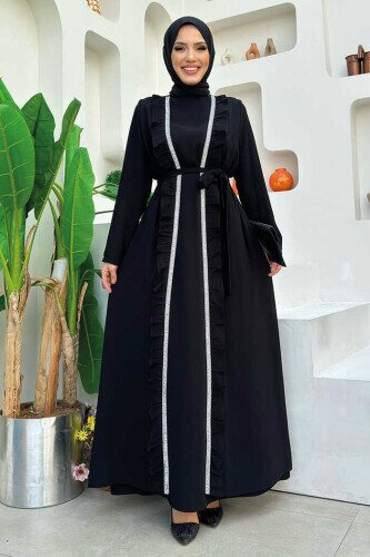 Boydan Fırfırlı Yelekli Elbise Takım 8489 Siyah - Bym Fashion