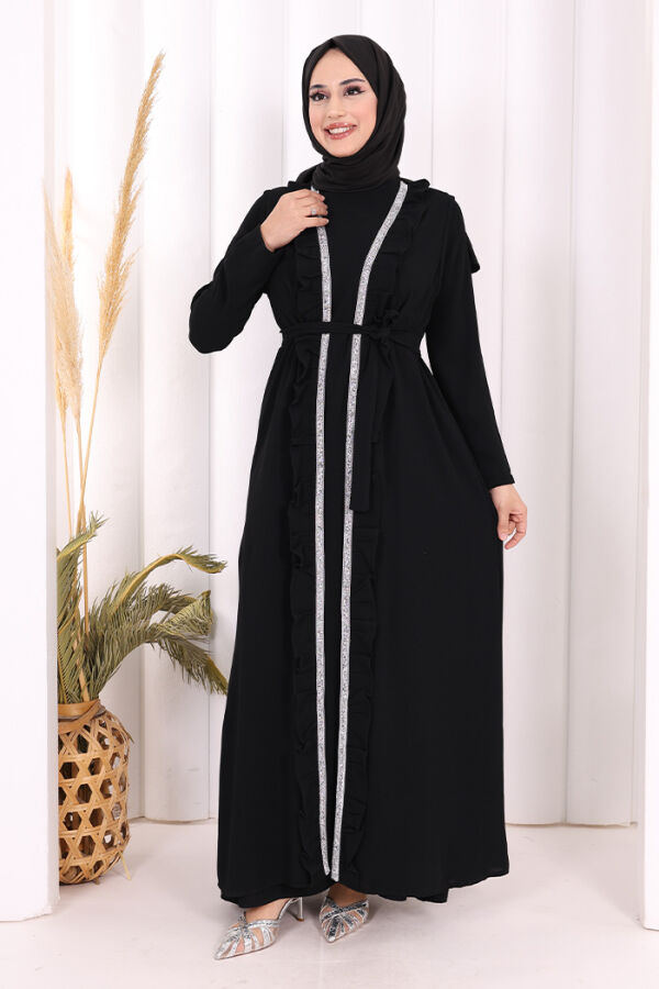 Boydan Fırfırlı Yelekli Elbise Takım 8489 Siyah - 1