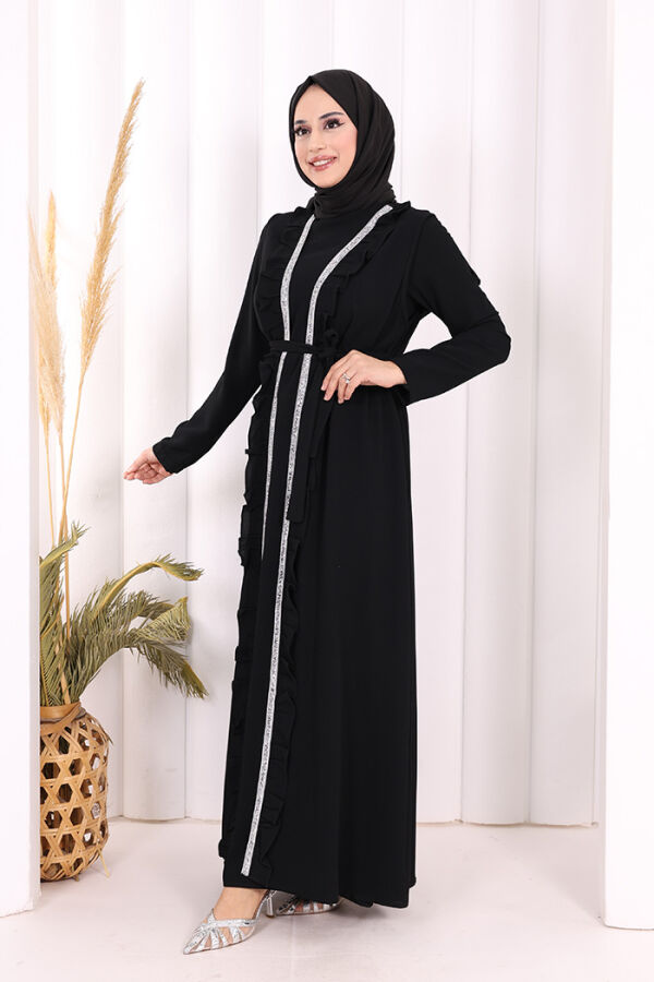 Boydan Fırfırlı Yelekli Elbise Takım 8489 Siyah - 3