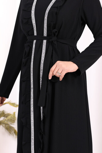 Boydan Fırfırlı Yelekli Elbise Takım 8489 Siyah - 6