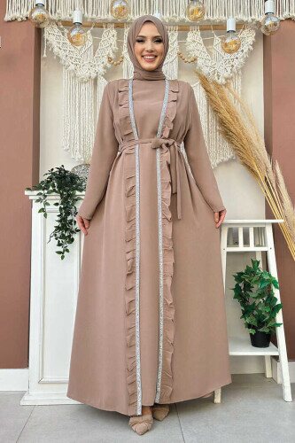 Boydan Fırfırlı Yelekli Elbise Takım 8489 Vizon - Bym Fashion