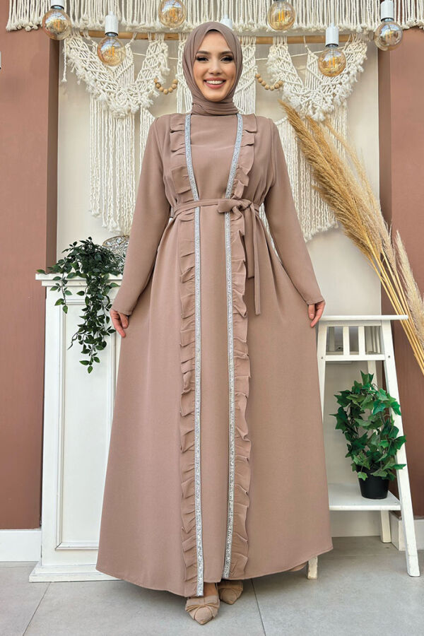 Boydan Fırfırlı Yelekli Elbise Takım 8489 Vizon - 4