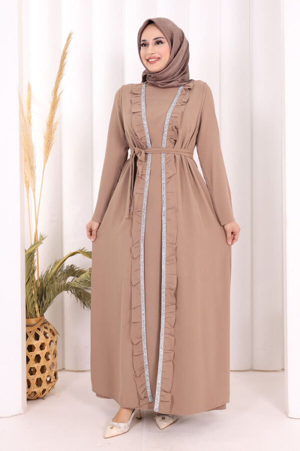 Boydan Fırfırlı Yelekli Elbise Takım 8489 Vizon - 1