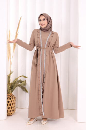 Boydan Fırfırlı Yelekli Elbise Takım 8489 Vizon - 2