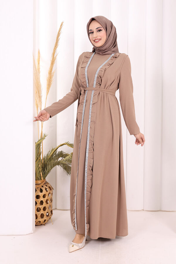 Boydan Fırfırlı Yelekli Elbise Takım 8489 Vizon - 3