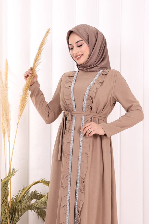 Boydan Fırfırlı Yelekli Elbise Takım 8489 Vizon - 5