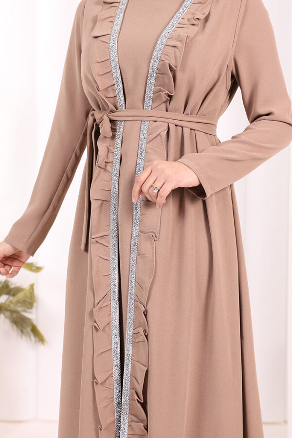 Boydan Fırfırlı Yelekli Elbise Takım 8489 Vizon - 6