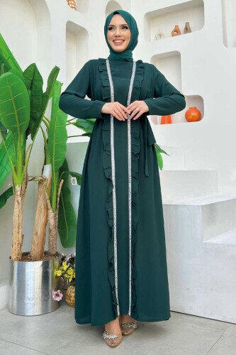 Boydan Fırfırlı Yelekli Elbise Takım 8489 Zümrüt - Bym Fashion