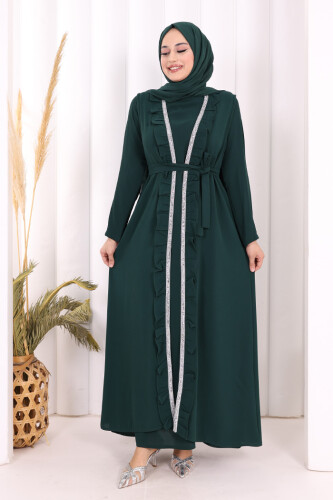 Boydan Fırfırlı Yelekli Elbise Takım 8489 Zümrüt