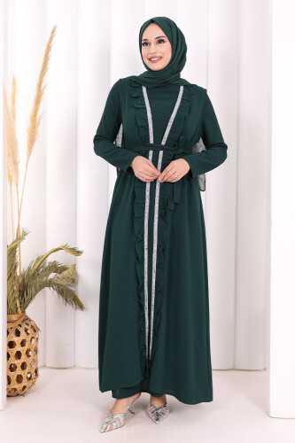 Boydan Fırfırlı Yelekli Elbise Takım 8489 Zümrüt - 2