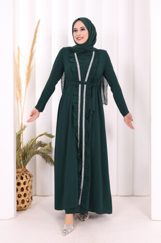 Boydan Fırfırlı Yelekli Elbise Takım 8489 Zümrüt - 3