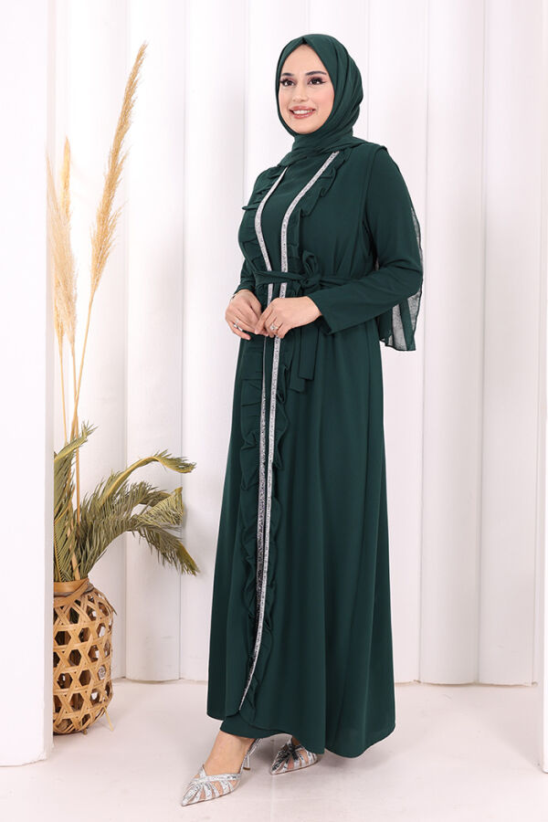 Boydan Fırfırlı Yelekli Elbise Takım 8489 Zümrüt - 4