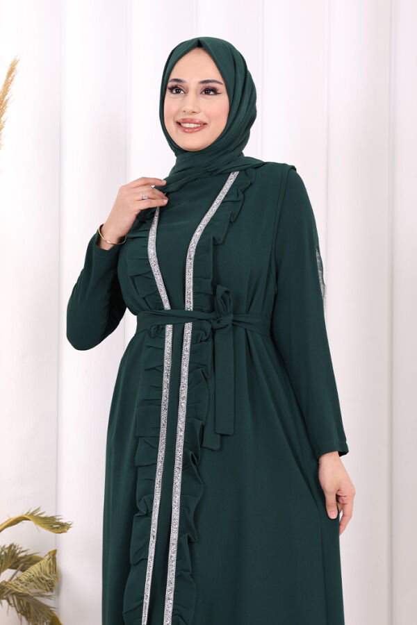 Boydan Fırfırlı Yelekli Elbise Takım 8489 Zümrüt - 6