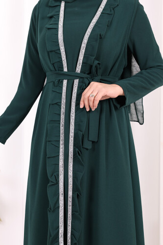 Boydan Fırfırlı Yelekli Elbise Takım 8489 Zümrüt - 7