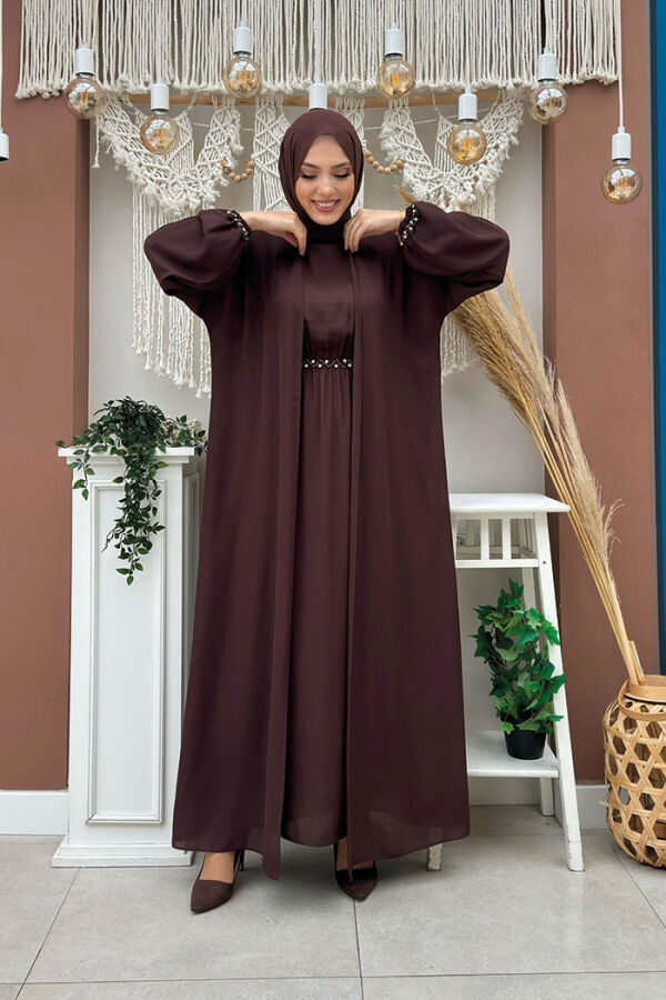 Bel Bilek Kısımları Taşlı Elbiseli Abaya Takım 8490 Kahverengi - 1