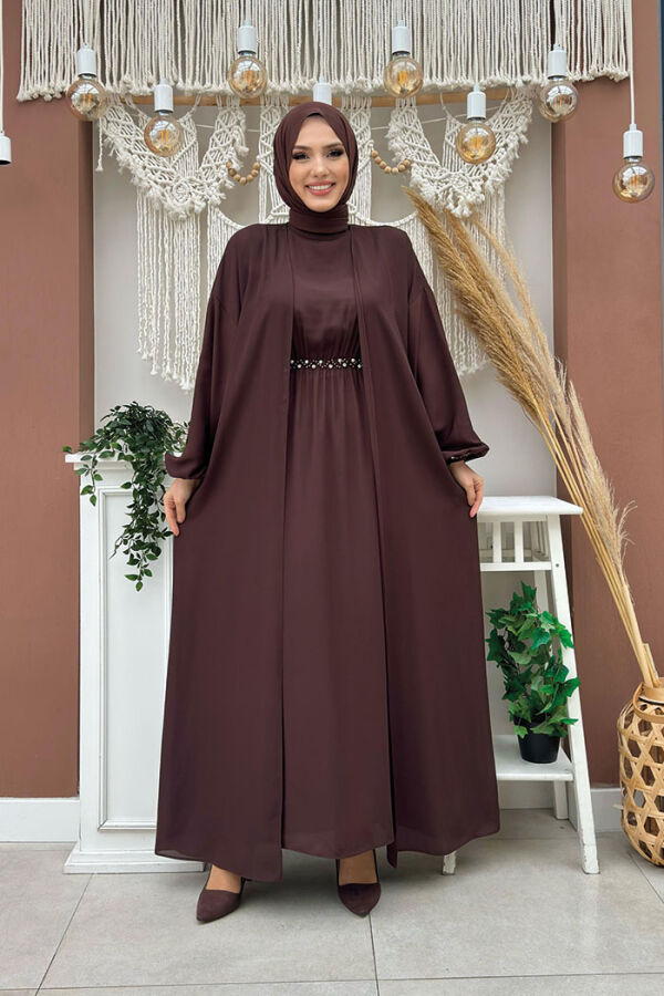 Bel Bilek Kısımları Taşlı Elbiseli Abaya Takım 8490 Kahverengi - 2