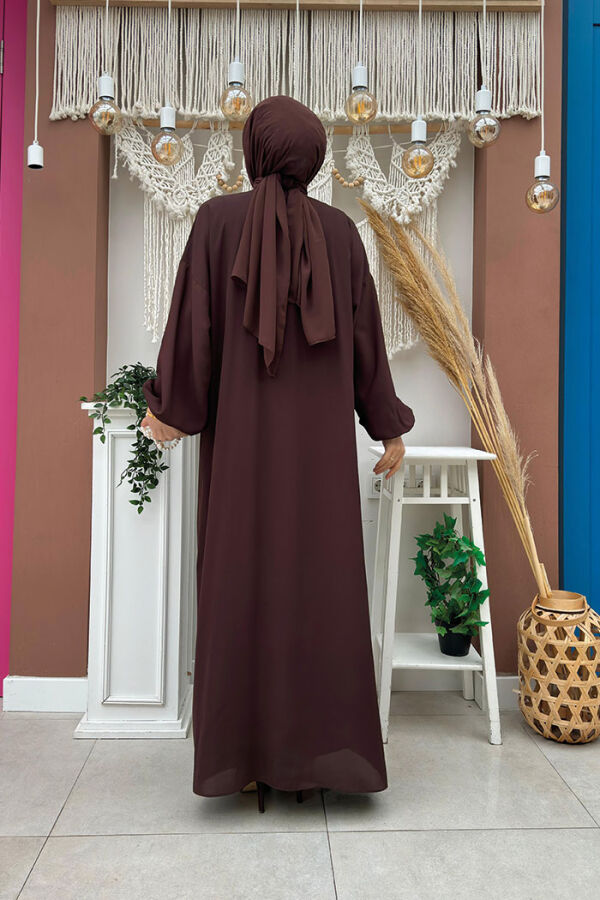 Bel Bilek Kısımları Taşlı Elbiseli Abaya Takım 8490 Kahverengi - 3