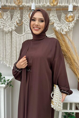 Bel Bilek Kısımları Taşlı Elbiseli Abaya Takım 8490 Kahverengi - 4