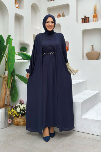 Bel Bilek Kısımları Taşlı Elbiseli Abaya Takım 8490 Lacivert - Bym Fashion