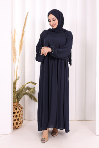 Bel Bilek Kısımları Taşlı Elbiseli Abaya Takım 8490 Lacivert
