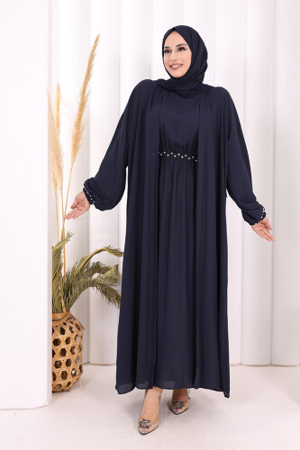 Bel Bilek Kısımları Taşlı Elbiseli Abaya Takım 8490 Lacivert - 2