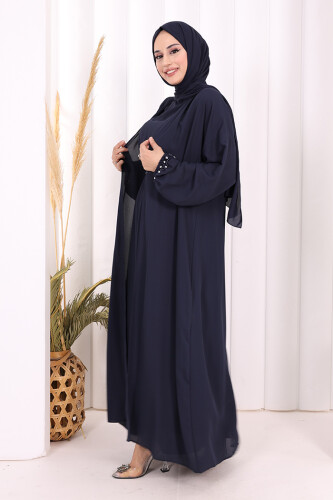 Bel Bilek Kısımları Taşlı Elbiseli Abaya Takım 8490 Lacivert - 3