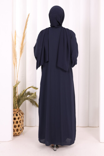 Bel Bilek Kısımları Taşlı Elbiseli Abaya Takım 8490 Lacivert - 4
