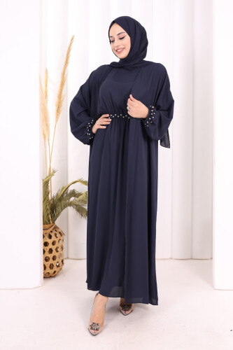 Bel Bilek Kısımları Taşlı Elbiseli Abaya Takım 8490 Lacivert - 5
