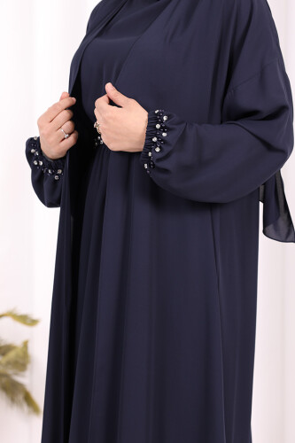 Bel Bilek Kısımları Taşlı Elbiseli Abaya Takım 8490 Lacivert - 6