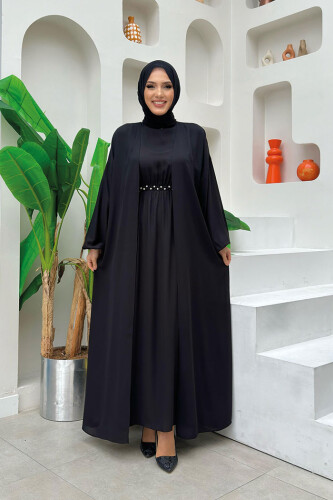Bel Bilek Kısımları Taşlı Elbiseli Abaya Takım 8490 Siyah - Bym Fashion
