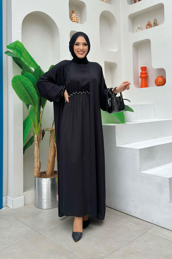Bel Bilek Kısımları Taşlı Elbiseli Abaya Takım 8490 Siyah - 2