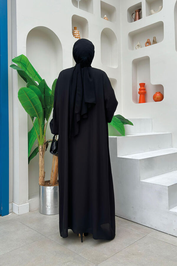 Bel Bilek Kısımları Taşlı Elbiseli Abaya Takım 8490 Siyah - 3