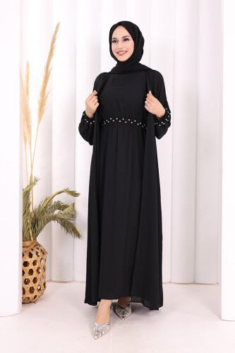 Bel Bilek Kısımları Taşlı Elbiseli Abaya Takım 8490 Siyah 
