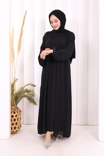 Bel Bilek Kısımları Taşlı Elbiseli Abaya Takım 8490 Siyah - 2