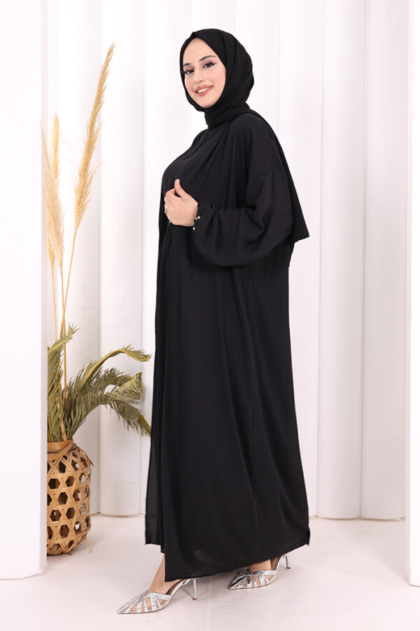 Bel Bilek Kısımları Taşlı Elbiseli Abaya Takım 8490 Siyah - 3