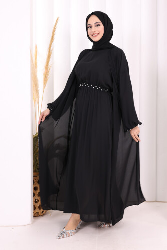 Bel Bilek Kısımları Taşlı Elbiseli Abaya Takım 8490 Siyah - 4