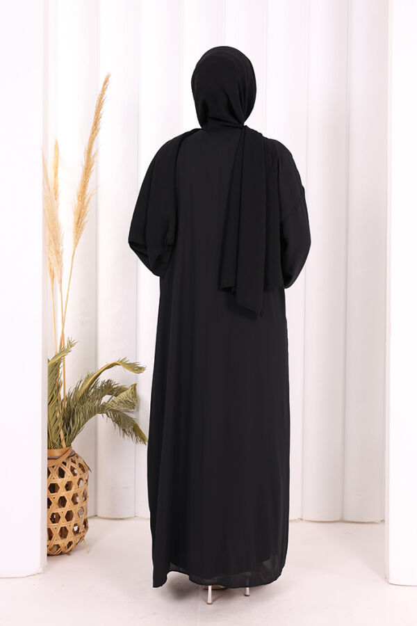 Bel Bilek Kısımları Taşlı Elbiseli Abaya Takım 8490 Siyah - 5